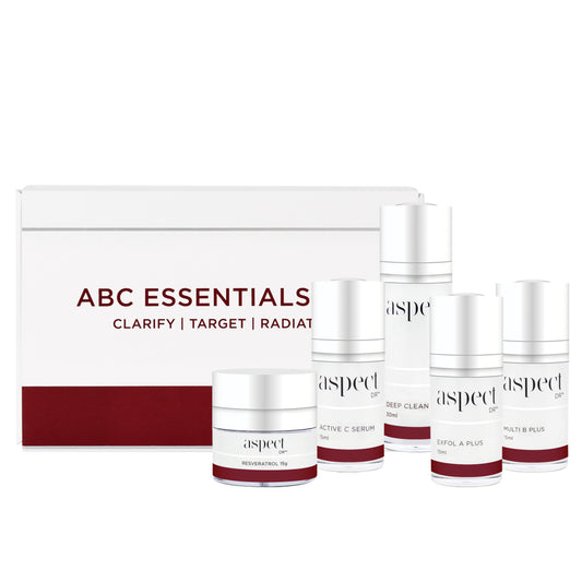 Aspect DR ABC Essential Kit showing Deep Clean 30ml, Multi B Plus 15ml, Active C 15ml, Exfol A Plus 1 ml and Resveratrol Cream 15g in kit arrangement.
