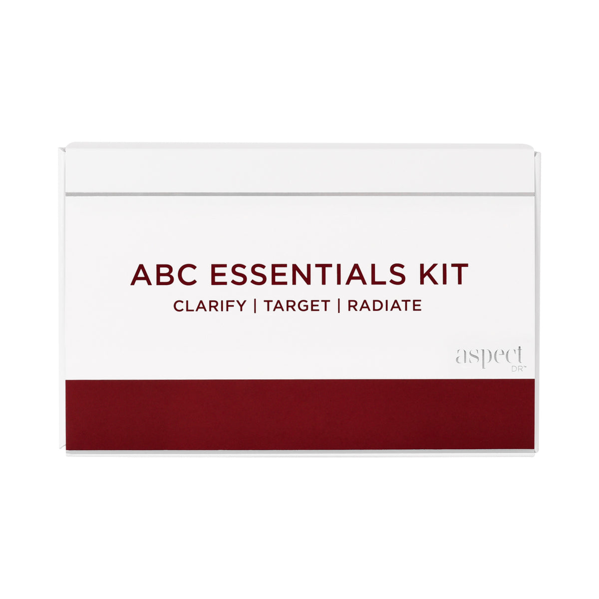 Retail box of Aspect DR ABC Essential Kit in crisp white design, showcasing the full vitamin A/B/C collection.