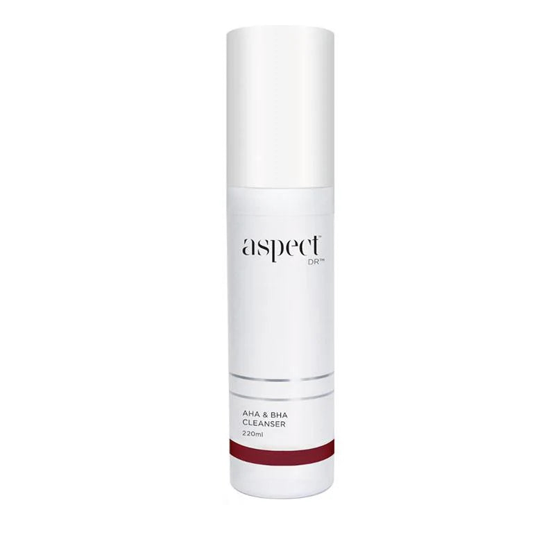 Aspect DR AHA/BHA Cleanser 220ml exfoliating foaming cleanser in white bottle, formulated with salicylic acid and lactic acid for deep cleansing and texture renewal.