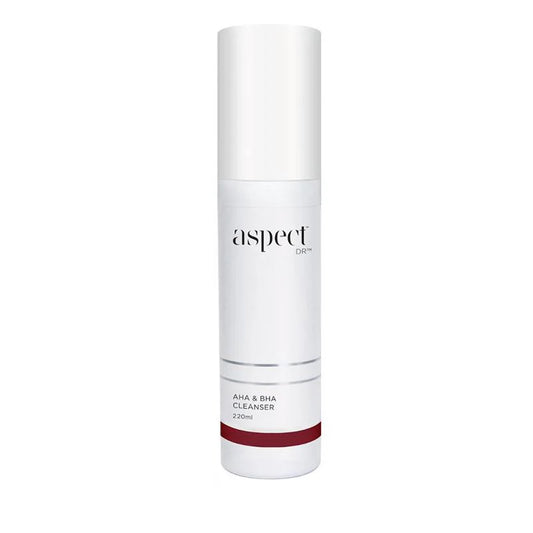 Aspect DR AHA/BHA Cleanser 220ml exfoliating foaming cleanser in white bottle, formulated with salicylic acid and lactic acid for deep cleansing and texture renewal.
