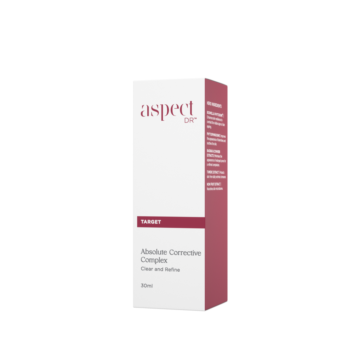 Aspect DR Absolute Corrective Complex 30ml in retail box packaging, clinical clarifying serum for pore and texture refinement.