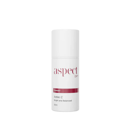 Aspect DR Active C Serum 30ml brightening antioxidant serum with Vitamin C & peptides, front bottle view in sleek white clinical packaging.
