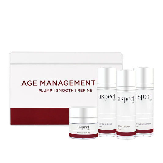 Aspect DR Age Management Kit showing Deep Clean 30ml, Active C 30ml, Exfol A Plus 30ml and Resveratrol Cream 15g – advanced anti-ageing skincare set.