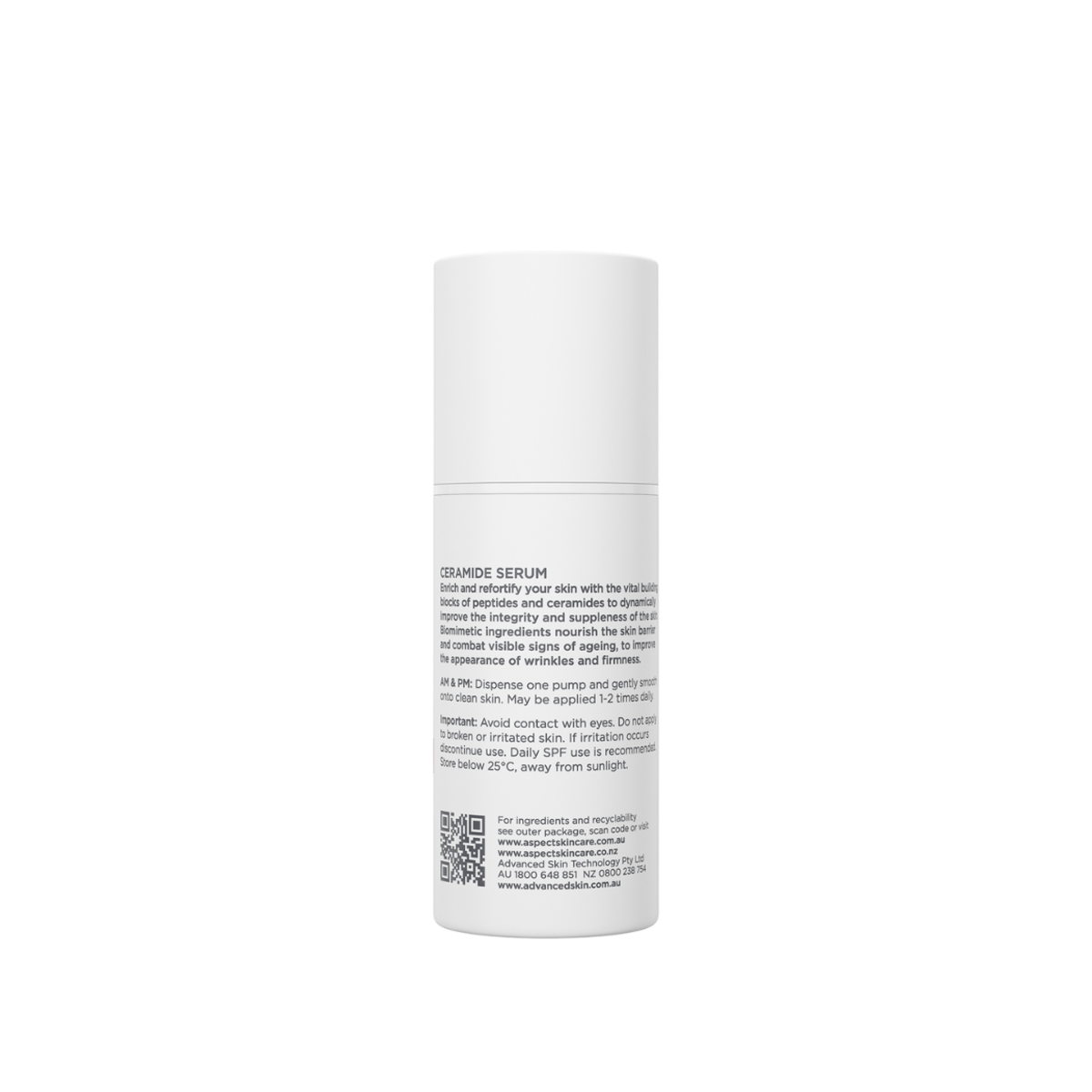 Back label of Aspect DR Ceramide Serum 30ml showing directions and product information for barrier repair serum.