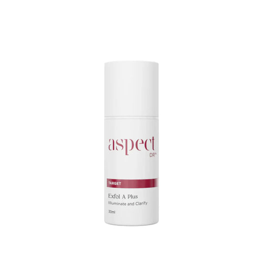 Aspect DR Exfol A Plus 30ml refining serum with lactic acid, retinol and Lanablue™, in sleek dropper bottle design.