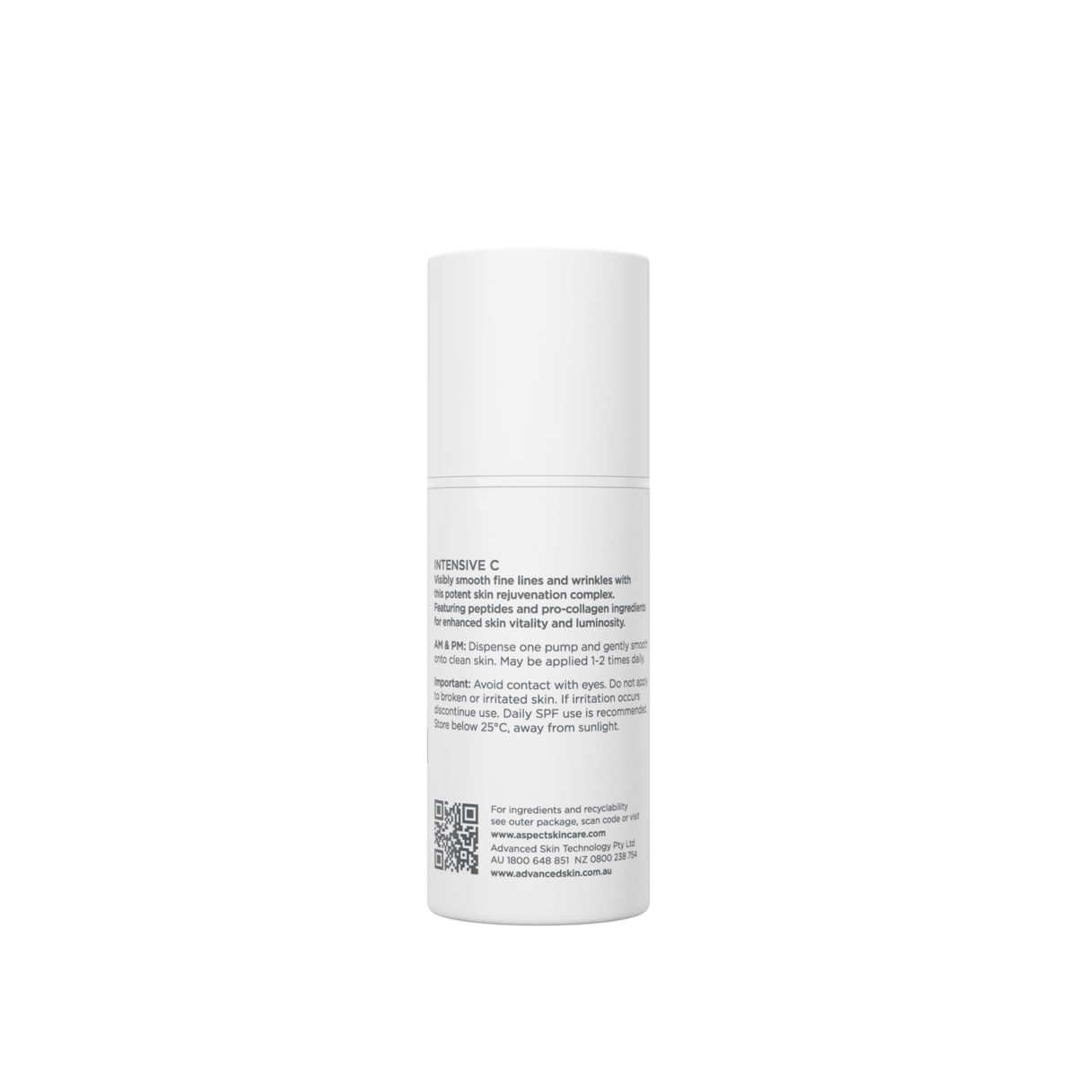Back label of Aspect DR Intensive C Pro-Collagen 30ml showing usage directions and professional skincare details.