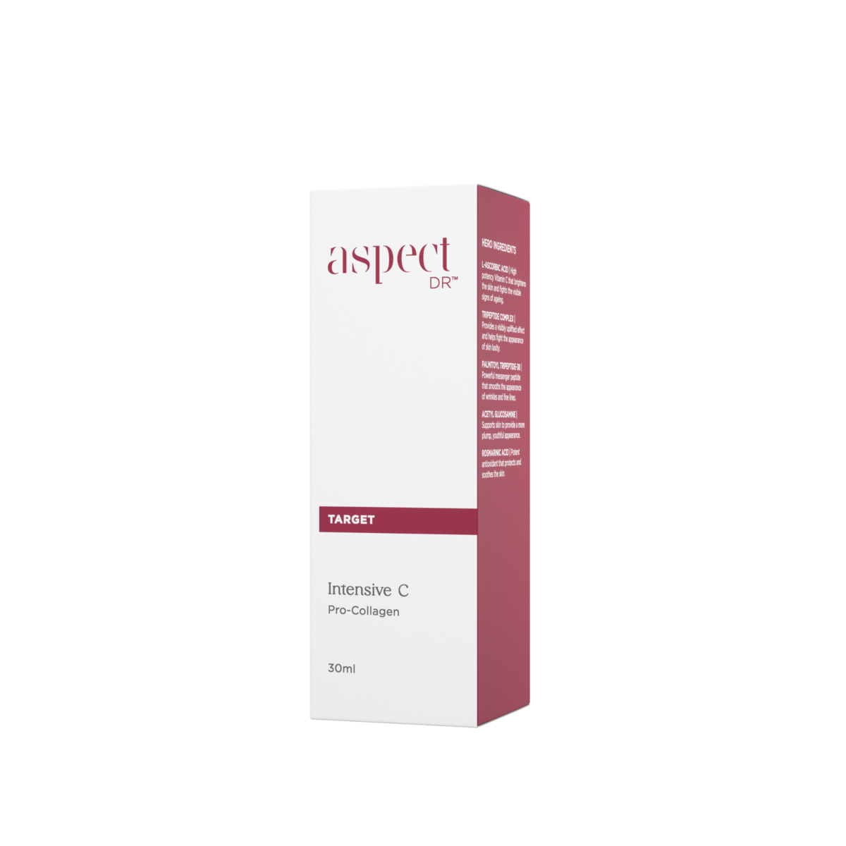 Aspect DR Intensive C Pro-Collagen 30ml packaged in its retail box, clinical-grade Vitamin C and peptide serum for radiance and firmness.