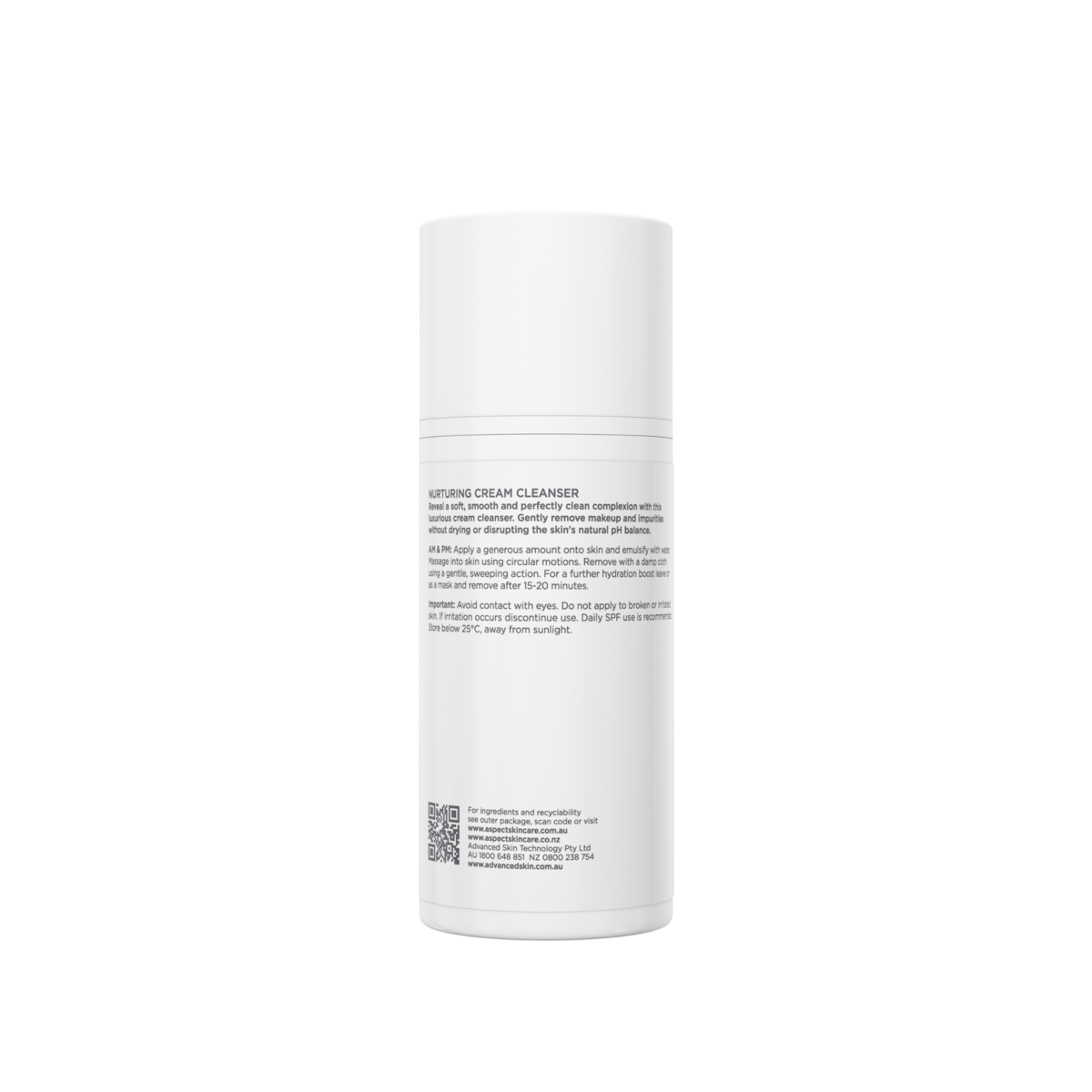 Back label of Aspect Dr Nurturing Cream Cleanser Barrier Balance 100ml showing usage directions, and product information.