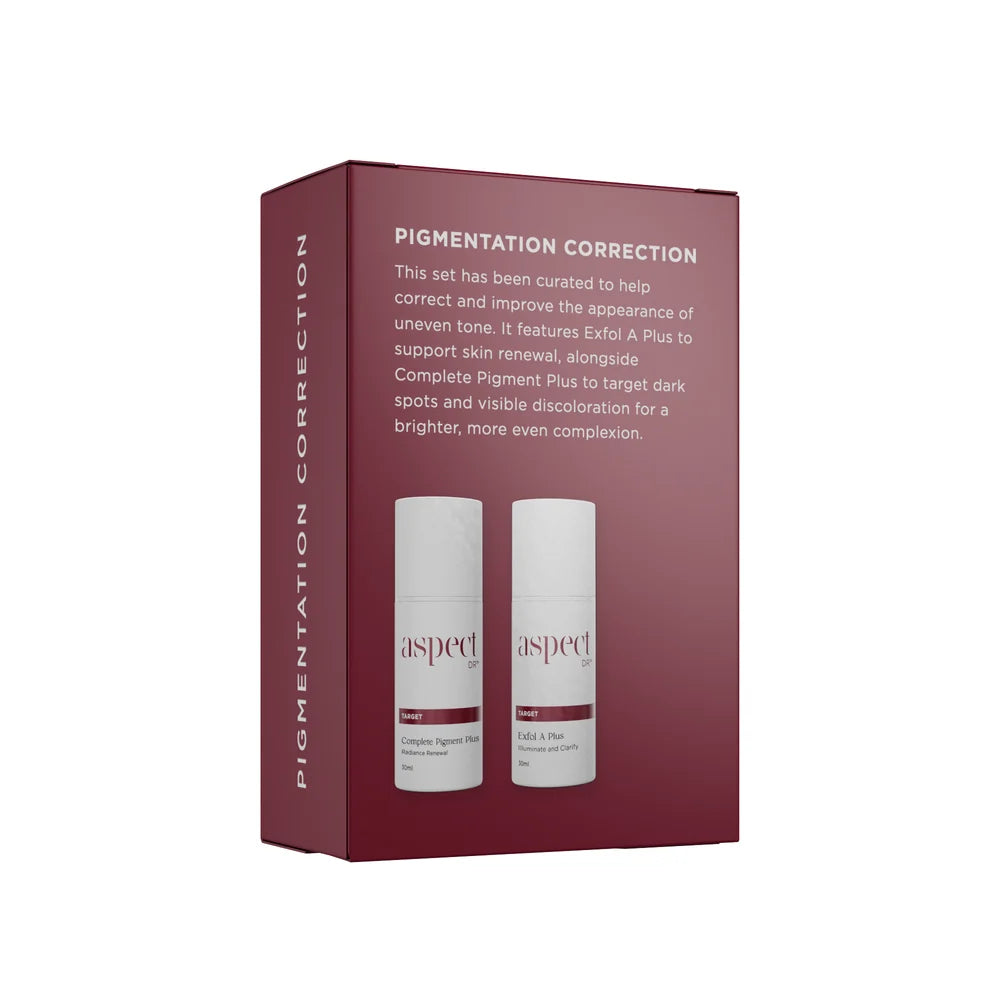 Aspect DR Pigmentation Correction Duo combining targeted brightening serum and advanced Retinol exfoliation to reduce visible discolouration, refine texture and restore radiance.