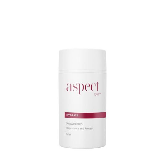 Aspect DR Resveratrol Moisturising Cream 50g in sleek jar packaging, enriched with resveratrol ferment, peptides and oils to hydrate, protect and revitalise skin.