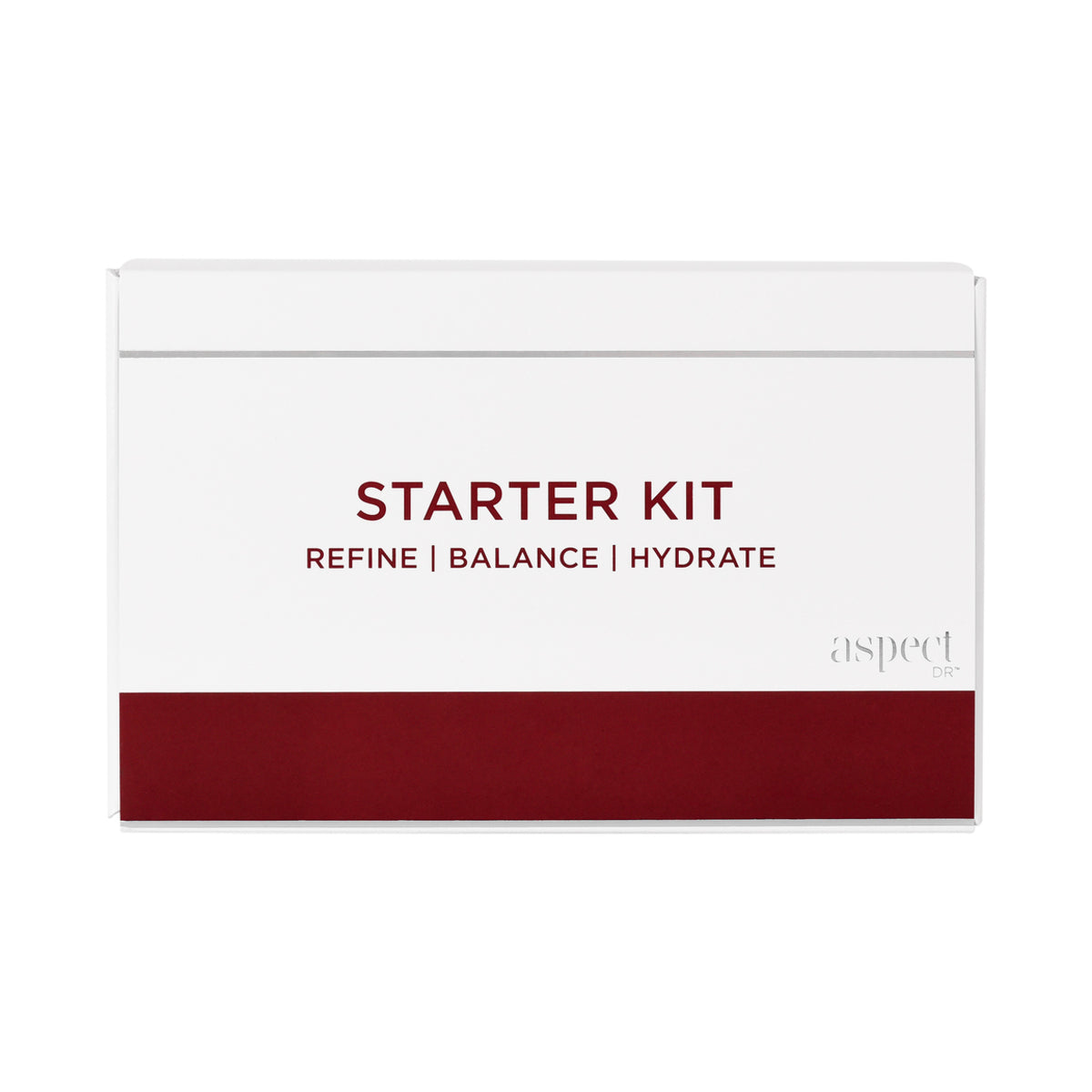 Aspect DR Starter Kit retail box packaging, professional introductory skincare set to cleanse, brighten, resurface and nourish the skin.