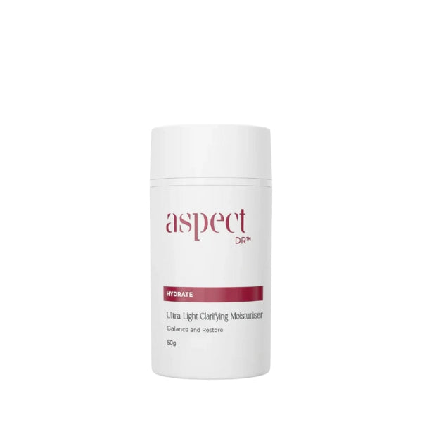 Aspect DR Ultra Light Clarifying Moisturiser 50g lightweight clarifying cream formulated with LPA, red clover, peptides & hyaluronic acid for clear, balanced skin.