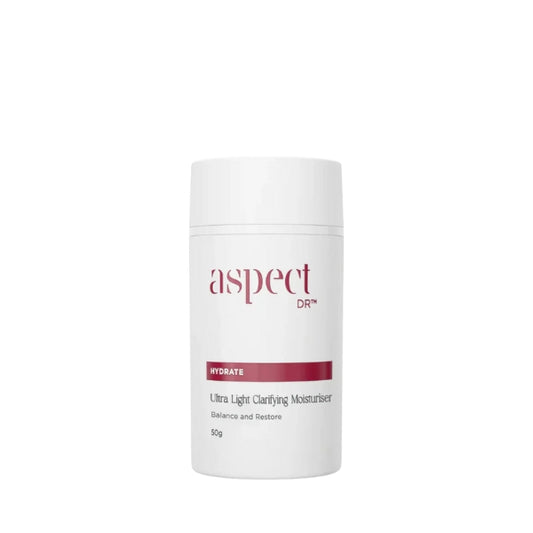 Aspect DR Ultra Light Clarifying Moisturiser 50g lightweight clarifying cream formulated with LPA, red clover, peptides & hyaluronic acid for clear, balanced skin.