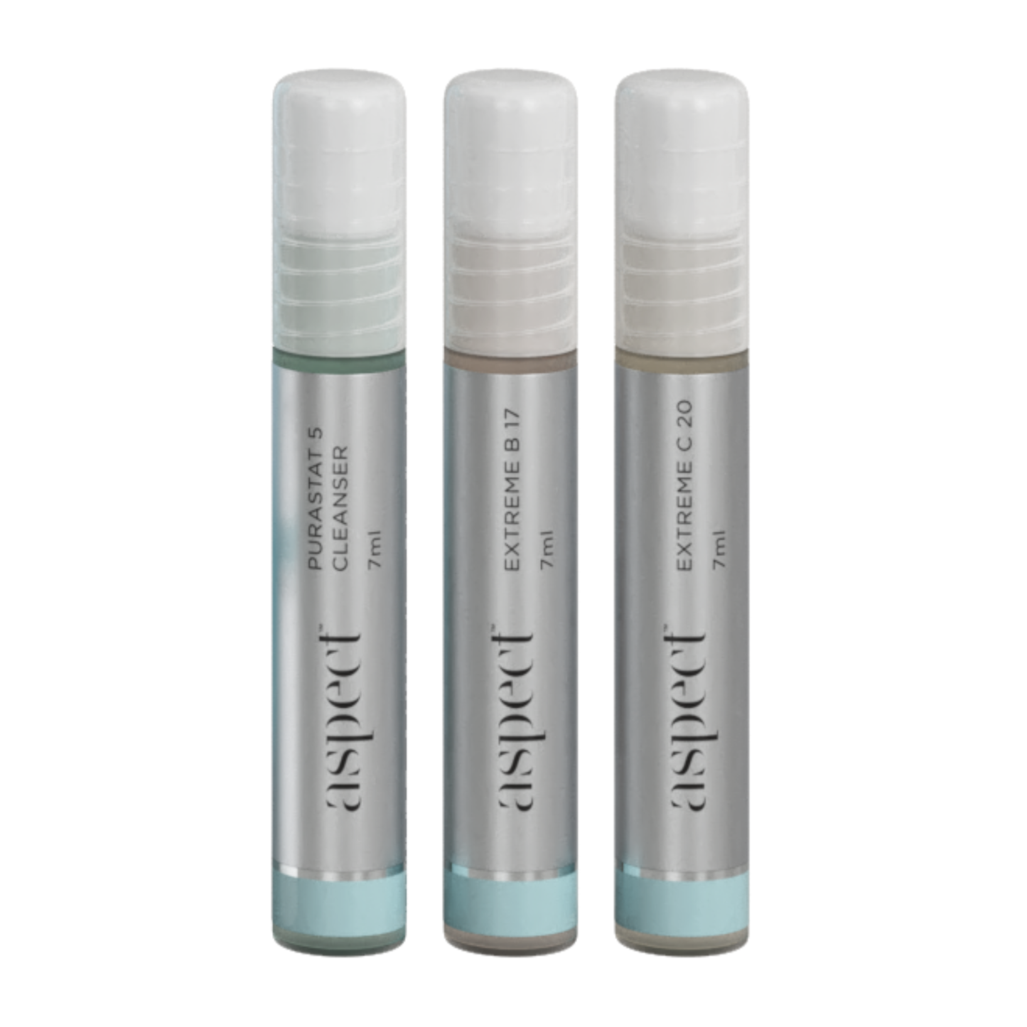 Close-up of the three Aspect Try Me Kit minis - Purastat 5, Extreme C20 and Extreme B17 - showcasing the compact trial sizes ideal for sampling or travel.