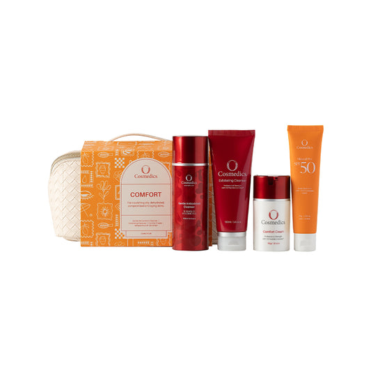 O Cosmedics Sale. Core Four Christmas Pack. Contains O Cosmedics Gentle Antioxidant Cleanser, O Cosmedics Exfoliating Cleanser, O Cosmedics Comfort Cream and your choice of O Cosmedics Mineral Pro Sunscreen