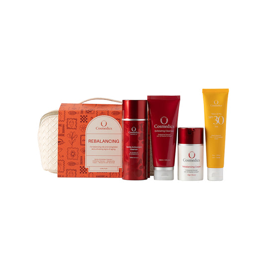 O Cosmedics Sale. Core Four Christmas Pack. Contains O Cosmedics Gentle Antioxidant Cleanser, O Cosmedics Exfoliating Cleanser, O Cosmedics Rebalancing Cream, your choice of FREE O Cosmedics Mineral Pro Sunscreen PLUS FREE Travel Bag