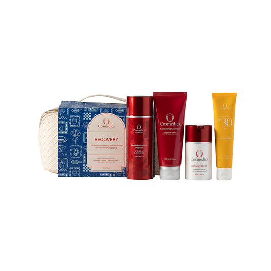 O Cosmedics Sale. Core Four Christmas Pack. Contains O Cosmedics Gentle Antioxidant Cleanser, O Cosmedics Exfoliating Cleanser, O Cosmedics Rebalancing Cream, your choice of FREE O Cosmedics Mineral Pro Sunscreen PLUS FREE Travel Bag