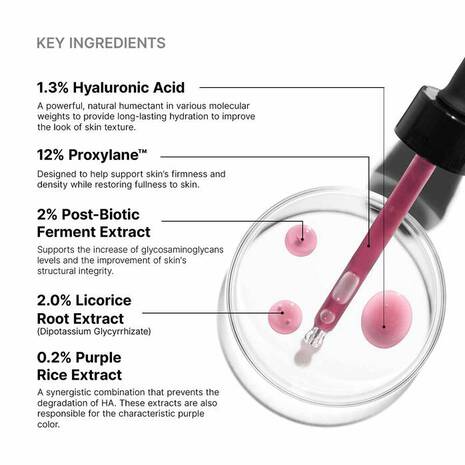 Hyaluronic Acid Intensifier Multi-Glycan is a next-generation, multi-dimensional volumising hyaluronic acid serum that visibly plumps the skin, reducing fine lines by 24%.
This formula contains high concentrations of 1.3% pure hyaluronic acid, 12% propylene, and the new post-biotic ferment to increase glycosaminoglycans, plumping and rehydrating the skin for 24 hours. Over time, skin elasticity and firmness are renewed and facial contours are more defined.