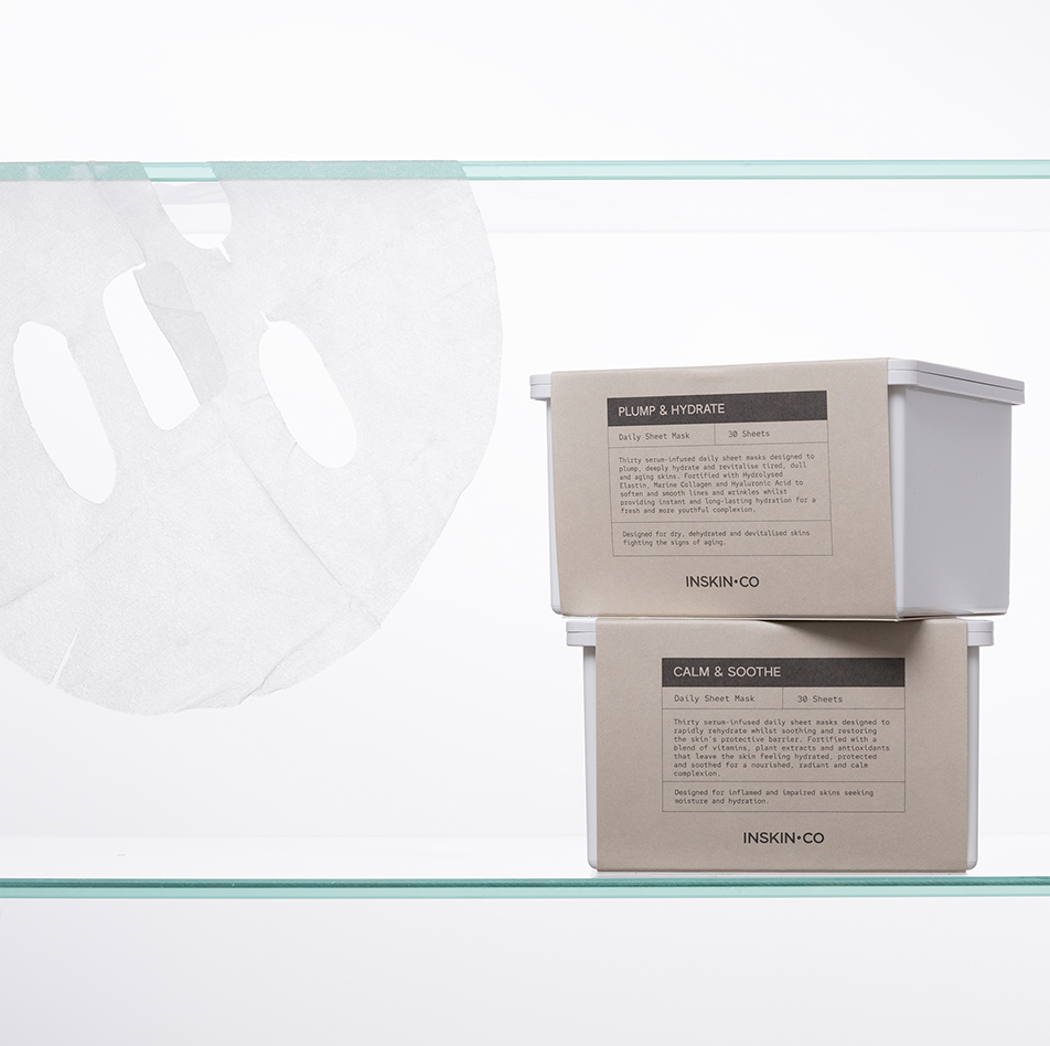 NSKIN.CO Daily Sheet Masks Plump & Hydrate and Calm & Soothe styled together showcasing hydrating and soothing sheet mask options.