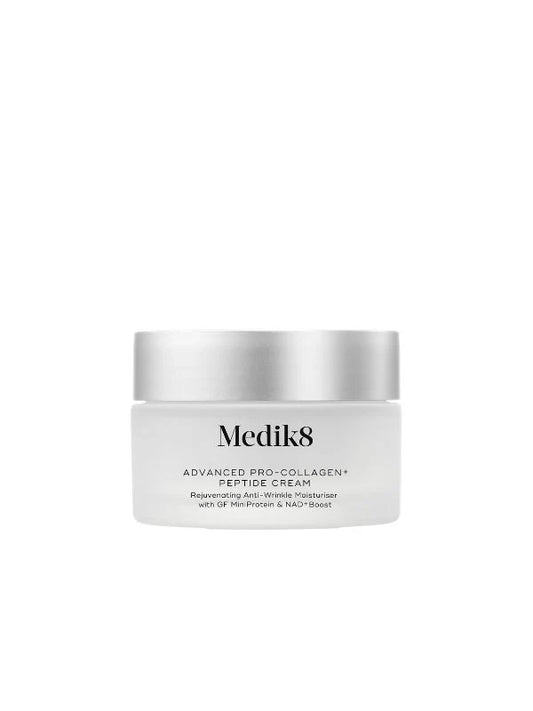 Medik8 Pro-Collagen+ Peptide Cream is a Rejuvenating Anti-Wrinkle Moisturiser With Growth Factor MiniProteinTM & NAD+ Longevity Booster. Help increase collagen production by 45% and promote optimal skin longevity with Medik8 Advanced Pro-Collagen+ Peptide Cream