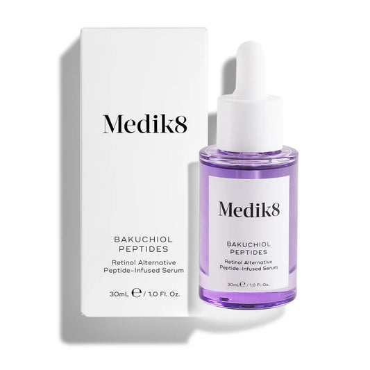 Medik8 Sale. Medik8 Bakuchiol Peptides. Fine lines, expression lines, and deep-set wrinkles are visibly smoothed as the lightweight serum visibly plumps, firms and refines uneven skin texture. Perfect alternative to Vitamin A or Retinol. Pregnancy Safe and Breast Feeding Safe