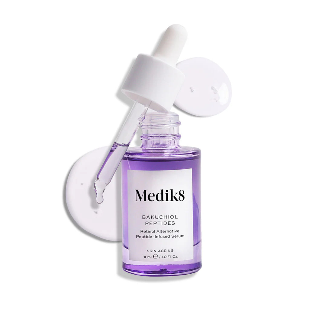 Medik8 Sale. Medik8 Bakuchiol Peptides. Fine lines, expression lines, and deep-set wrinkles are visibly smoothed as the lightweight serum visibly plumps, firms and refines uneven skin texture. Perfect alternative to Vitamin A or Retinol. Pregnancy Safe and Breast Feeding Safe