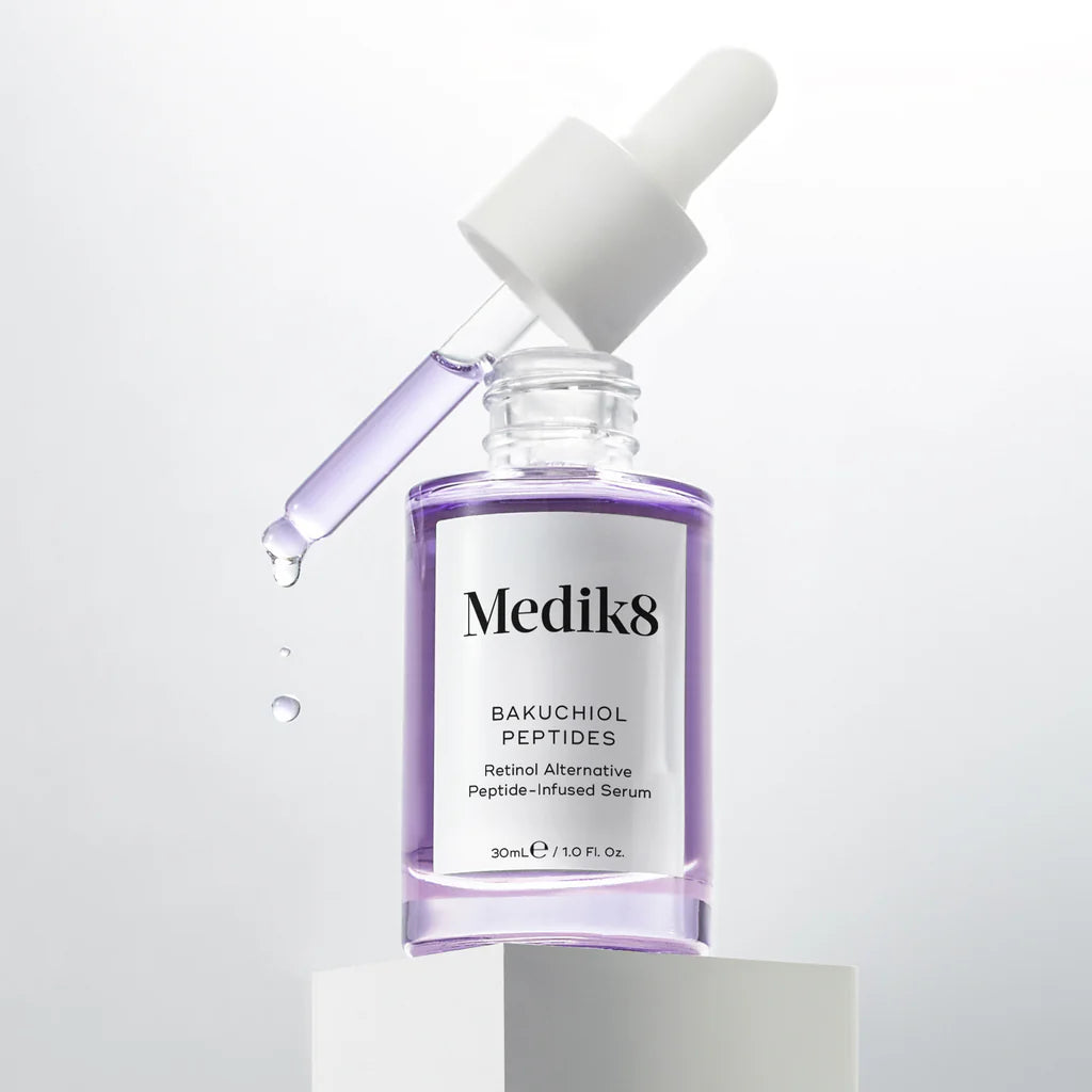Medik8 Sale. Medik8 Bakuchiol Peptides. Fine lines, expression lines, and deep-set wrinkles are visibly smoothed as the lightweight serum visibly plumps, firms and refines uneven skin texture. Perfect alternative to Vitamin A or Retinol. Pregnancy Safe and Breast Feeding Safe