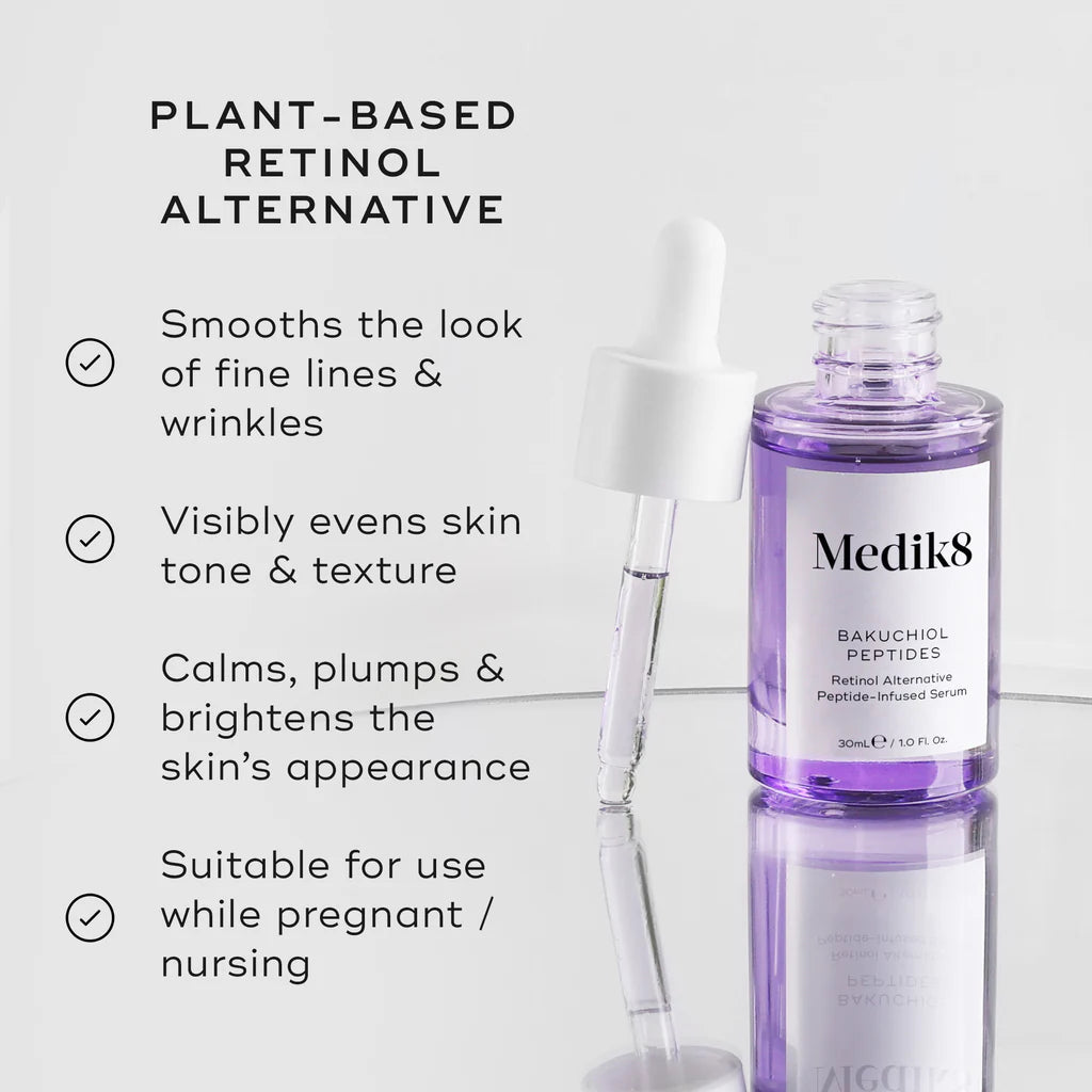 Medik8 Sale. Medik8 Bakuchiol Peptides. Fine lines, expression lines, and deep-set wrinkles are visibly smoothed as the lightweight serum visibly plumps, firms and refines uneven skin texture. Perfect alternative to Vitamin A or Retinol. Pregnancy Safe and Breast Feeding Safe