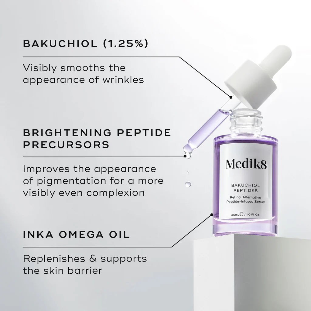 Medik8 Sale. Medik8 Bakuchiol Peptides. Fine lines, expression lines, and deep-set wrinkles are visibly smoothed as the lightweight serum visibly plumps, firms and refines uneven skin texture. Perfect alternative to Vitamin A or Retinol. Pregnancy Safe and Breast Feeding Safe