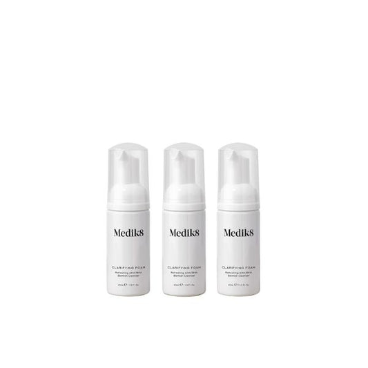 Cleanse on-the-go with the Medik8 Clarifying Foam Travel Size Bundle -  three travel-friendly 40ml bottles of Clarifying Foam.