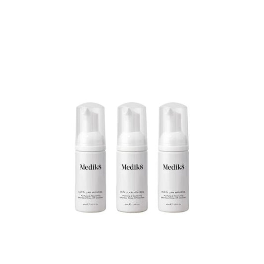 Cleanse on-the-go with the Medik8 Micellar Mousse Travel Size Bundle -  three travel-friendly 40ml bottles of Micellar Mousse.