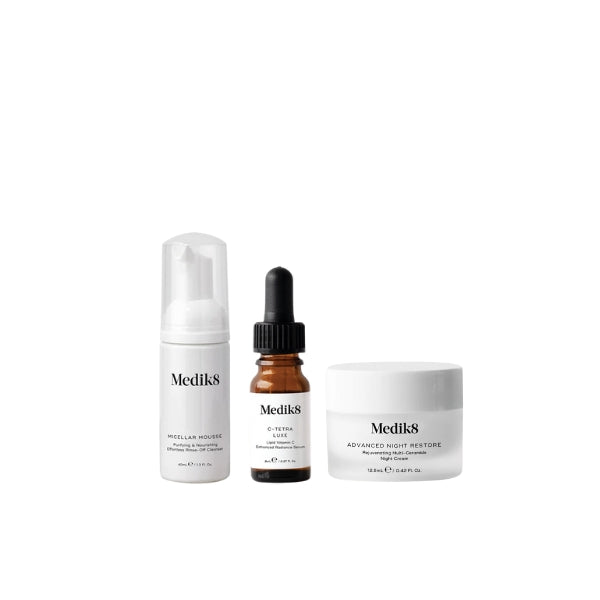 Medik8 Mighty Minis Collection featuring Micellar Mousse, C-Tetra Luxe and Advanced Night Restore travel sizes.