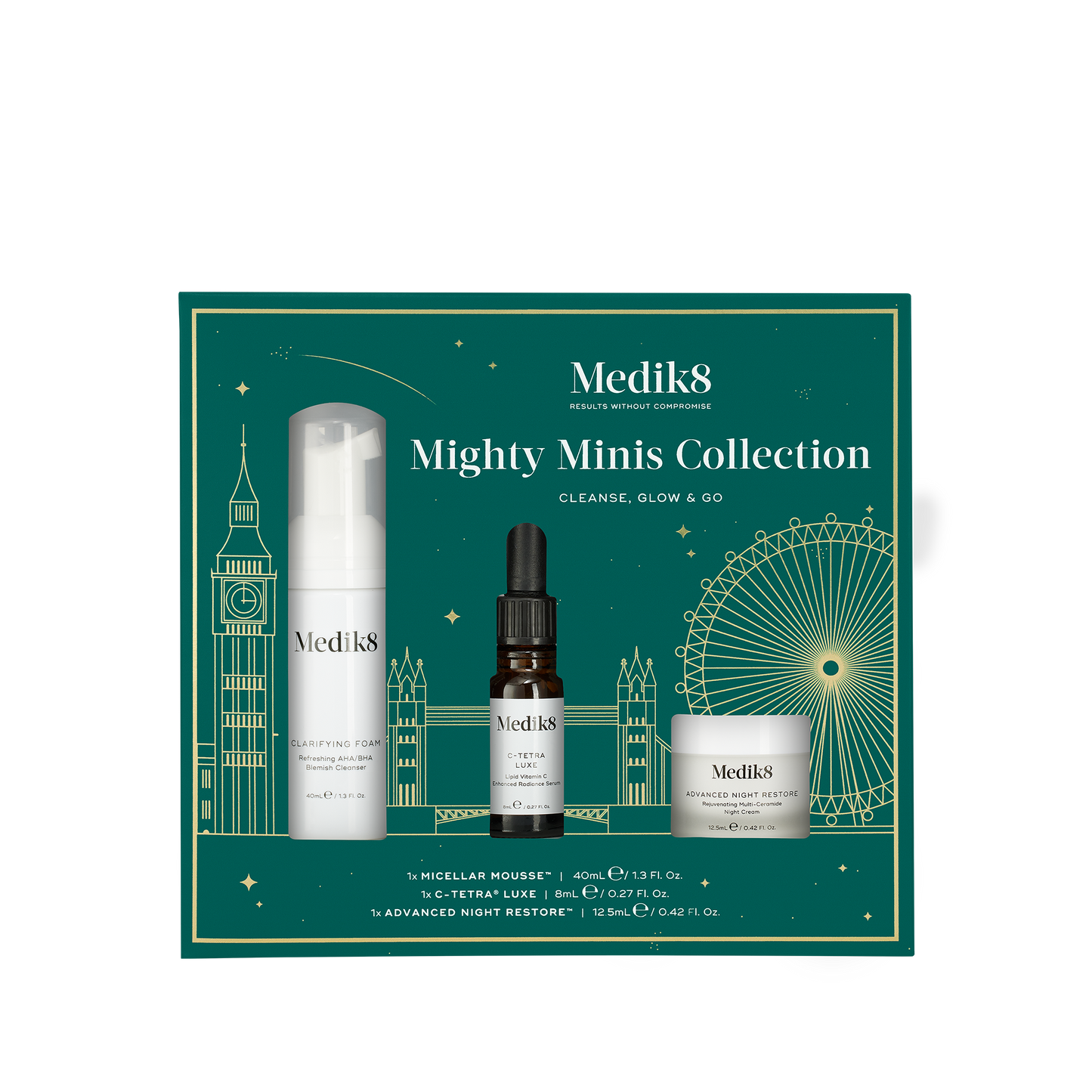Medik8 Mighty Minis Collection boxed set showing travel-size Micellar Mousse, C-Tetra Luxe and Advanced Night Restore in eco-friendly packaging.