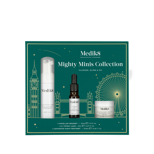 Medik8 Mighty Minis Collection boxed set showing travel-size Micellar Mousse, C-Tetra Luxe and Advanced Night Restore in eco-friendly packaging.