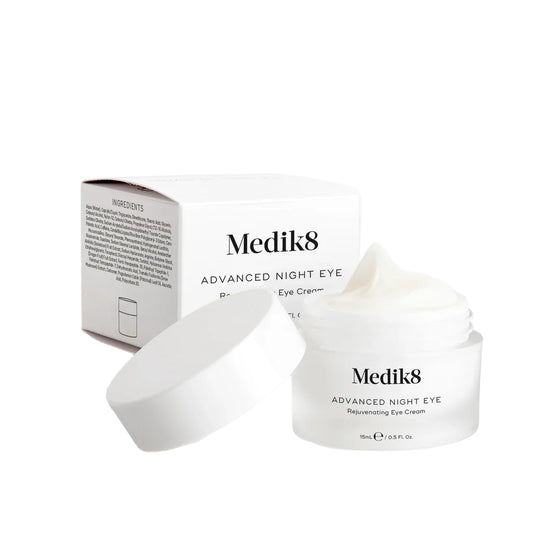 Medik8 Sale. Medik8 Advanced Night Eye. Medik8 Advanced Night Eye works overnight to tackle the ageing effects of free radical damage to reveal a smoother, firmer-looking eye area by morning. Contains Antioxidant Complex, Peptide Complex, Hesperidin, Caffeine