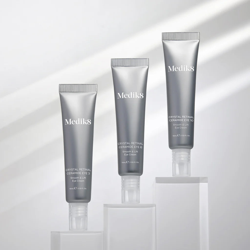 Medik8 Sale. Medik8 Crystal Retinal 6. This multi-action anti-ageing eye serum helps to lift and shape the look of eye contours for an immediate results. Contains slow release Retinal, Ceramides and Hyaluronic Acid