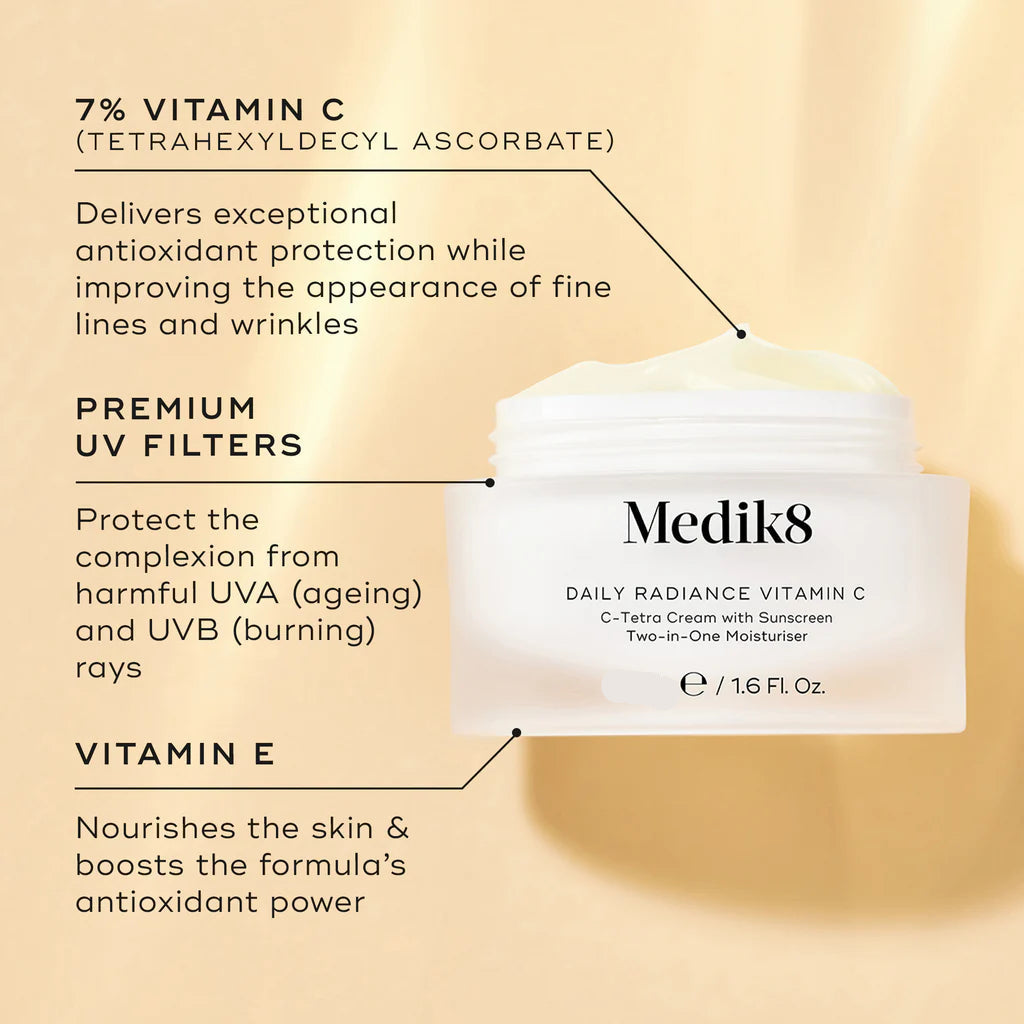 Medik8 Sale. Medik8 Daily Radiance Vitamin C. Restore radiance and fight visible signs of ageing with Medik8 Daily Radiance Vitamin C. Contains Vitamin C, Vitamin E, Hyaluronic Acid and sunscreen. Two in one moisturiser