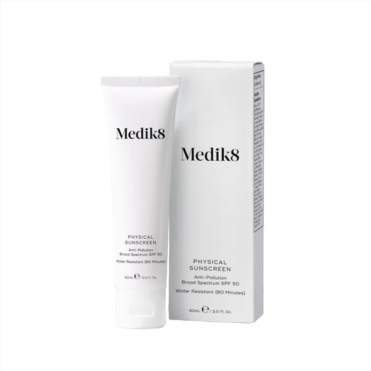 Medik8 Sale. Medik8 Physical Sunscreen SPF 50+ contains Zinc Oxide, Carnosine, Marrubium Vulgare Extract. Perfect for daily protection and rich in antioxidants, our physical sunscreen is reinforced with anti-pollution, anti-infrared, and anti-glycation technologies to shield skin from environmental aggressors to help prevent the appearance of fine lines and wrinkles.