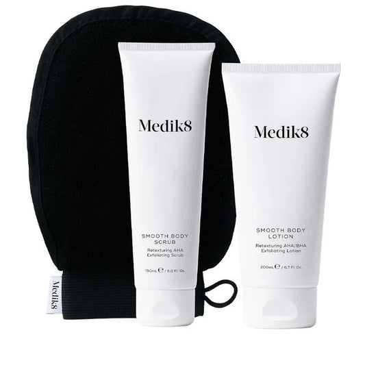Medik8 Sale. Medik8 Smooth Body Exfoliating Kit. Retexturizing AHA system for dry and bumpy skin. Perfect for people struggling with Keratosis Pilaris