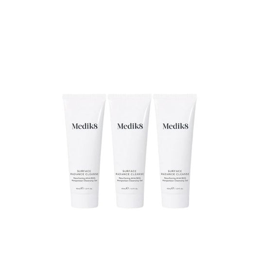 Cleanse on-the-go with the Medik8 Surface Radiance Cleanse Travel Size Bundle -  three travel-friendly 40ml tubes of Surface Radiance Cleanse.