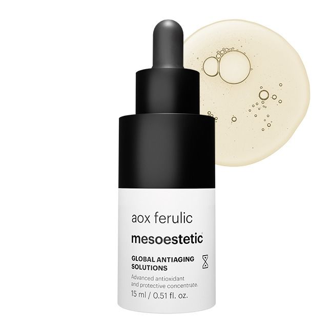 Mesoestetic AOX Ferulic shown with serum texture, an advanced antioxidant concentrate for dull skin, oxidative stress and early signs of ageing.