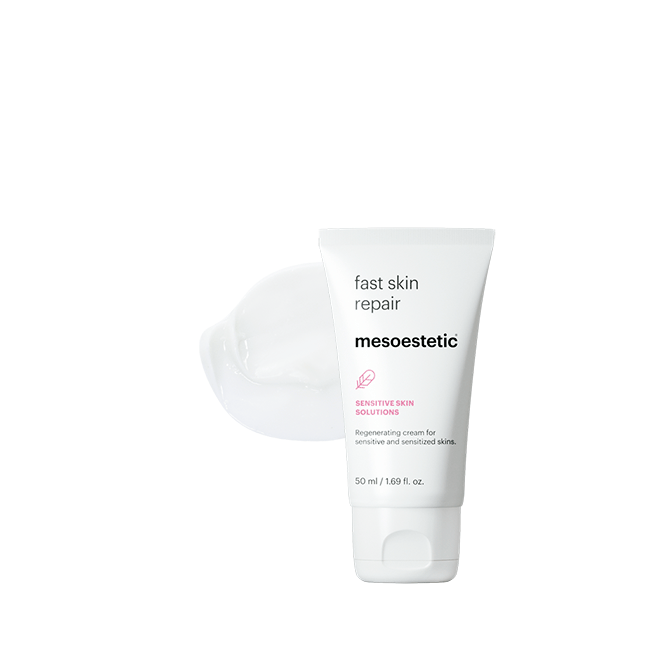 Mesoestetic Fast Skin Repair shown with cream texture, a restorative treatment for sensitive and sensitised skin that helps repair and comfort the skin.