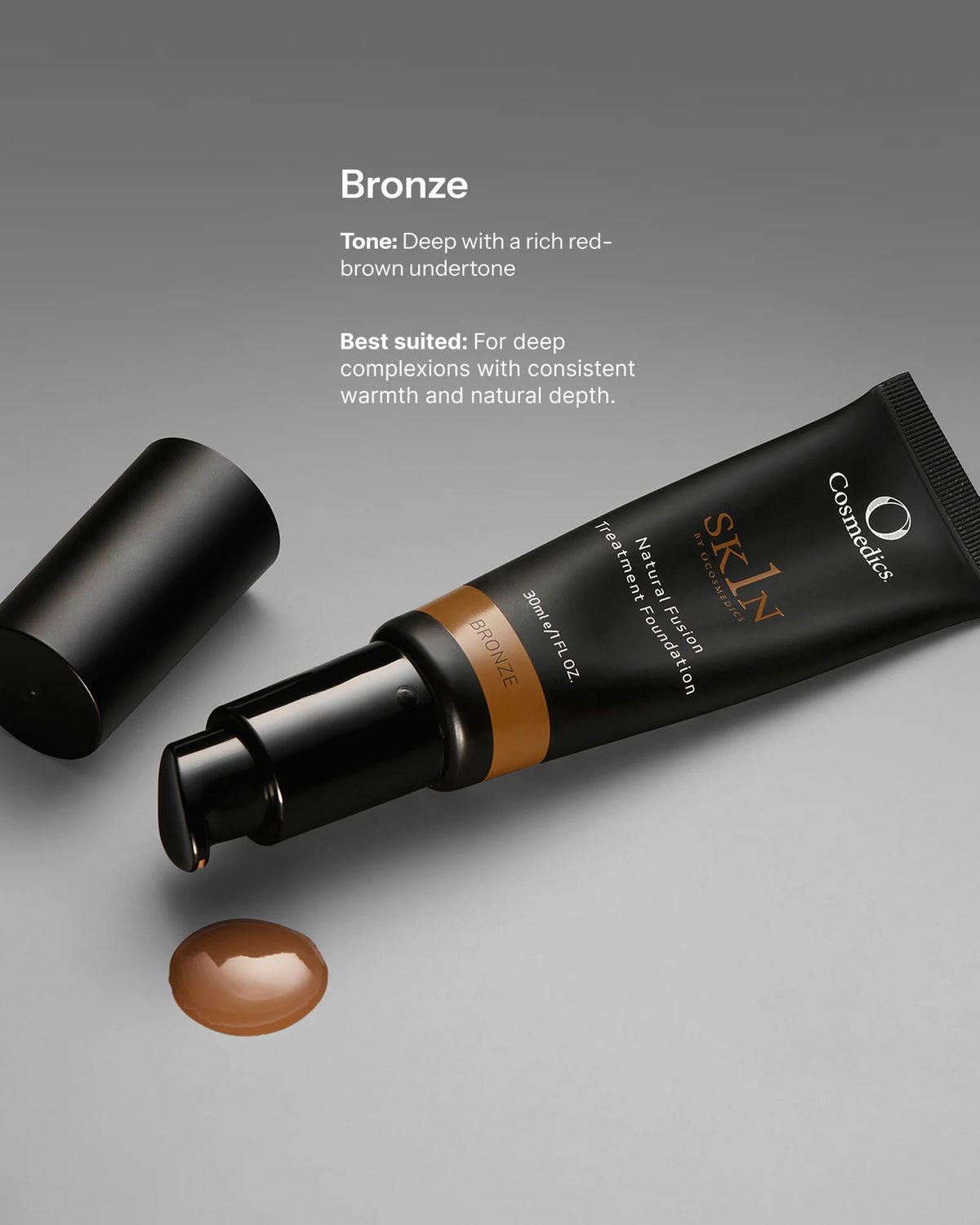 O Cosmedics 1SKIN Natural Fusion Treatment Foundation 30ml in Bronze, a deep shade with rich red-brown undertones for even, radiant-looking skin and natural coverage.
