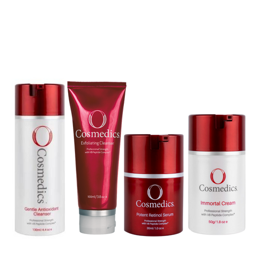 O Cosmedics Sale. O Cosmedics Basics Starter Kit Contains Gentle Antioxidant Cleanser, Exfoliating Cleanser, Potent Retinol Serum and Immortal Cream