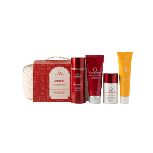O Cosmedics Sale. Core Four Christmas Pack. Contains O Cosmedics Gentle Antioxidant Cleanser, O Cosmedics Exfoliating Cleanser, O Cosmedics Immortal Cream, your choice of FREE O Cosmedics Mineral Pro Sunscreen PLUS FREE Travel Bag