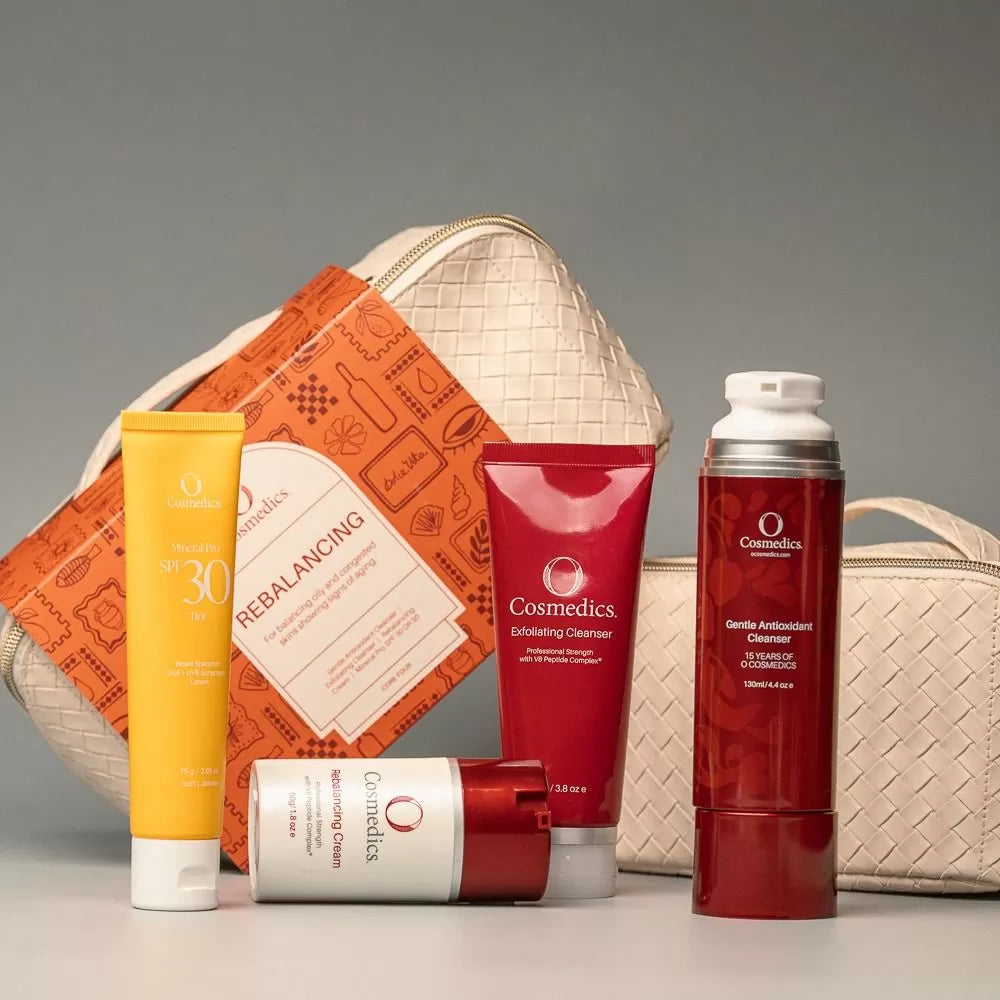 O Cosmedics Sale. Core Four Christmas Pack. Contains O Cosmedics Gentle Antioxidant Cleanser, O Cosmedics Exfoliating Cleanser, O Cosmedics Rebalancing Cream and your choice of O Cosmedics Mineral Pro Sunscreen