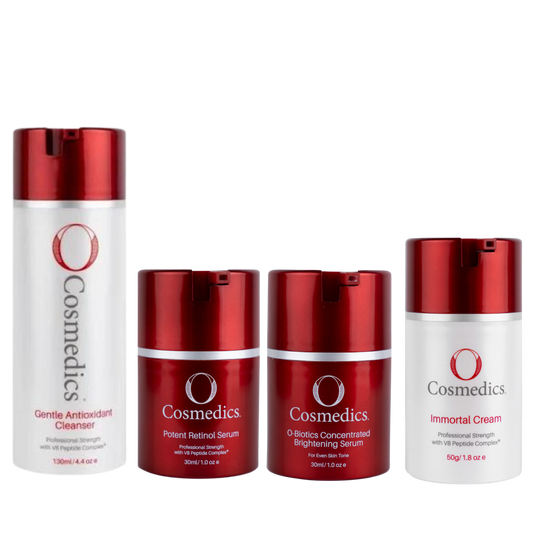 O Cosmedics Sale. O Cosmedics Pigmentation Starter Kit Contains Gentle Antioxidant Cleanser, Potent Retinol Serum, Concentrated Brightening Serum and Immortal Cream