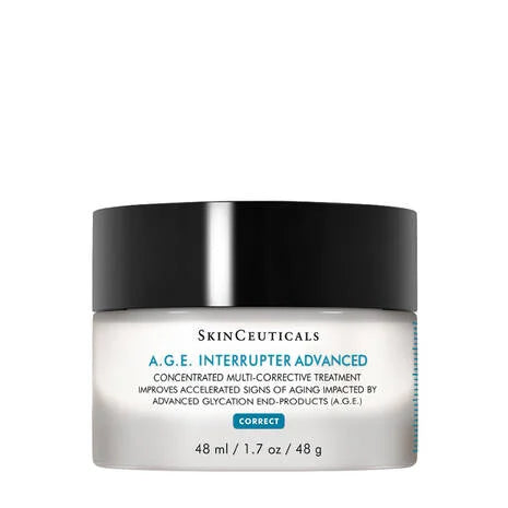 SkinCeuticals A.G.E. Interrupter Advanced Anti-Wrinkle Cream is a corrective anti-ageing, anti-wrinkle cream that helps target visible signs of ageing caused by advanced glycation end products (A.G.E.). Advanced glycation end products (A.G.Es) are proteins and lipids that become glycated when exposed to sugar, resulting in wrinkles, skin laxity, and dullness.