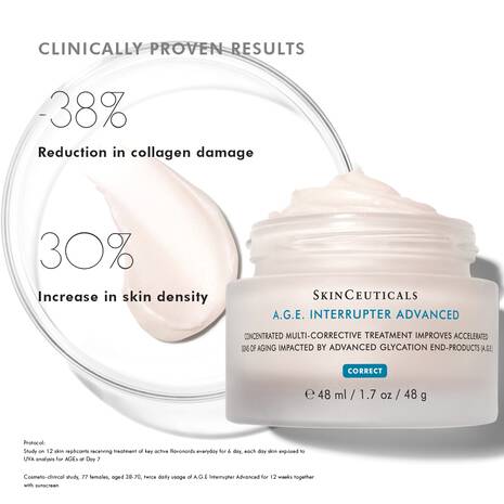 SkinCeuticals A.G.E. Interrupter Advanced Anti-Wrinkle Cream is a corrective anti-ageing, anti-wrinkle cream that helps target visible signs of ageing caused by advanced glycation end products (A.G.E.). Advanced glycation end products (A.G.Es) are proteins and lipids that become glycated when exposed to sugar, resulting in wrinkles, skin laxity, and dullness.