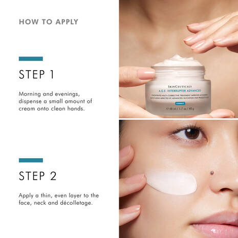 SkinCeuticals A.G.E. Interrupter Advanced Anti-Wrinkle Cream is a corrective anti-ageing, anti-wrinkle cream that helps target visible signs of ageing caused by advanced glycation end products (A.G.E.). Advanced glycation end products (A.G.Es) are proteins and lipids that become glycated when exposed to sugar, resulting in wrinkles, skin laxity, and dullness.
